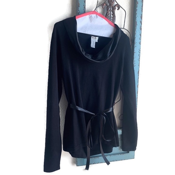 Worth Black Sweater, Silk Neckline, Waist Tie - Picture 4 of 10